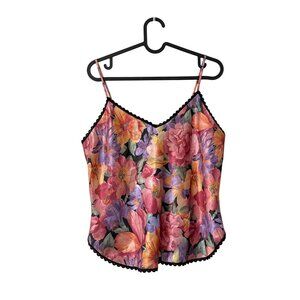 Vintage Myonne Y2K Multicolor Floral Satin Lace Scallop Trim Cami Top Medium